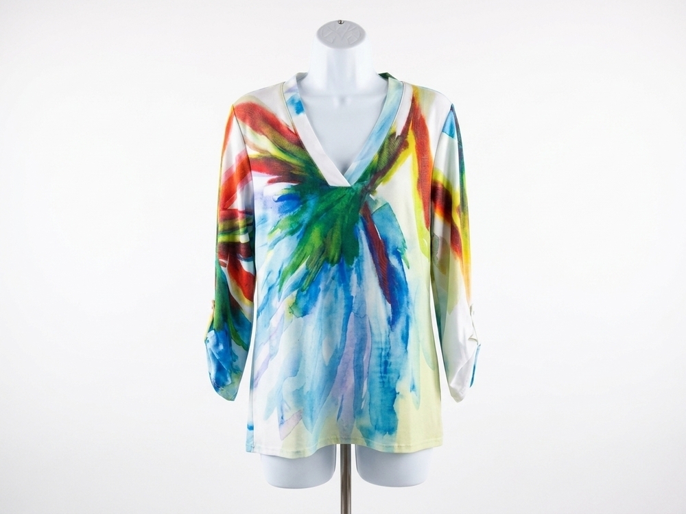NEW CHARLIE B women's tab sleeve watercolor tunic in white, royal, green